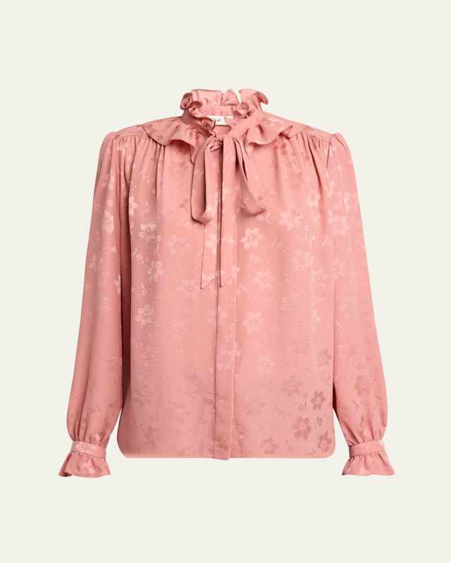 Floral Jacquard Tie-Neck Ruffle Blouse